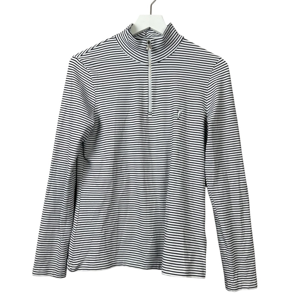 Golfino Black and White Striped Long Sleeve Quarter Zip Pullover Top Women Sz 12
